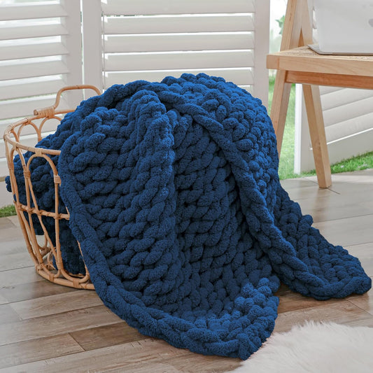Bigacogo Chunky Knit Throw Blanket for Couch, 40x60 inches, 100% Hand Knitted with Thick Jumbo Chenille Yarn, Cozy Soft Large Rope Knot Cable Crochet Blankets for Sofa Bed Living Room, Navy Blue