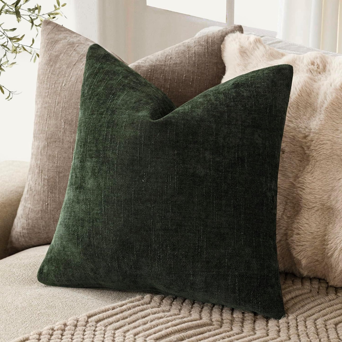 Foindtower Pack of 2 Soft Textured Chenille Throw Decorative Pillow Covers Square Accent Solid Cushion Cover Neutral Farmhouse Pillow Case for Couch Sofa Bedroom Living Room 18x18 Inch,Dark Green
