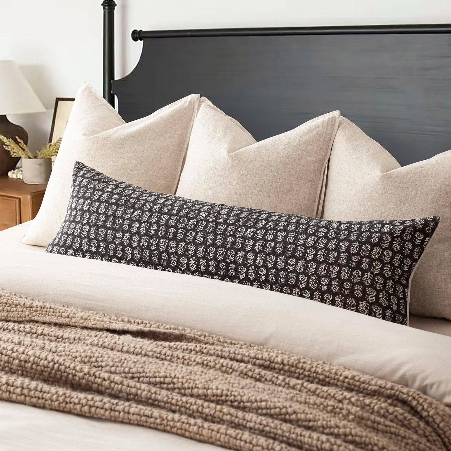 Foindtower Set of 2 Decorative Neutral Body Lumbar Throw Pillow Covers Vintage Accent Farmhouse Cushion Covers Boho Floral Home Decor for Sofa Couch Chair Bedroom Living Room,14×36 Inch,Black