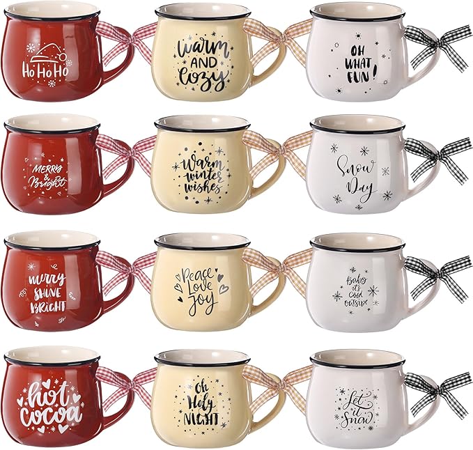 Zubebe Christmas Coffee Mugs Set of 12, 12 oz Hot Cocoa Ceramic Holiday Mugs Set for Mom, Woman, Family, Friend - Farmhouse Tiered Tray Decor, Coffee Bar Decor(White, Yellow, Brown)