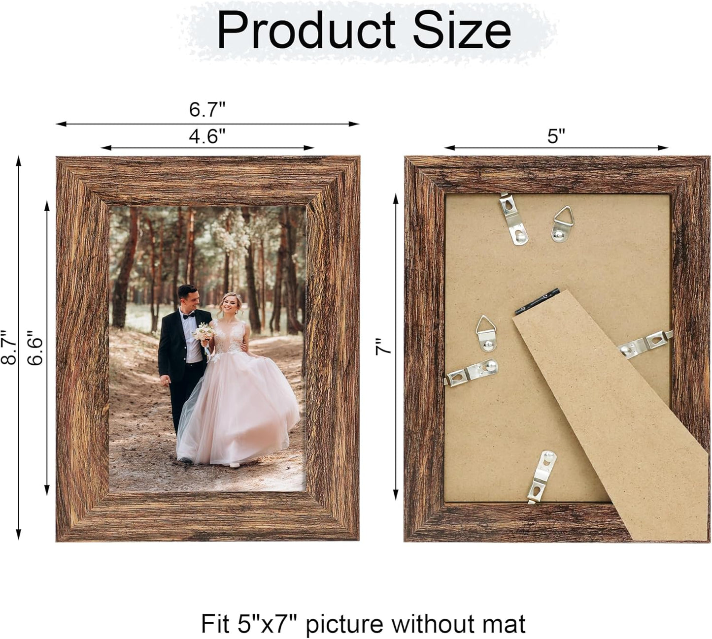 iRahmen 5x7 Picture Frame Set of 4, High Definition Glass Brown Frame, 5 x 7 Wood Rustic Photo Frames for Horizontal or Vertical Table Top and Wall Mounting