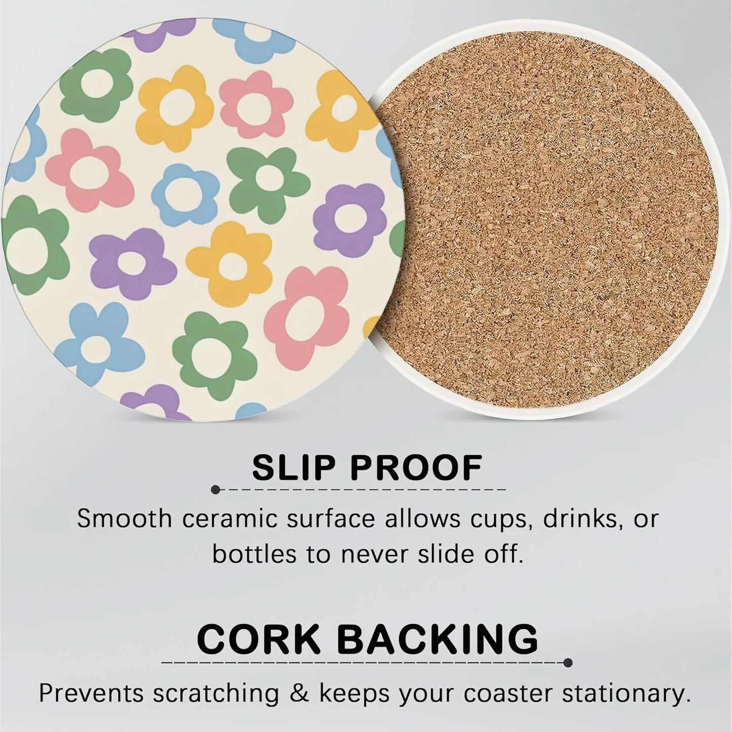 Drink Coasters for Drinks Set of 6, Vintage Groovy Flowers Absorbent Round Ceramic Stone Mat Coaster, with Cork Base and Metal Holder, Home Bar Decor House Warming Gift