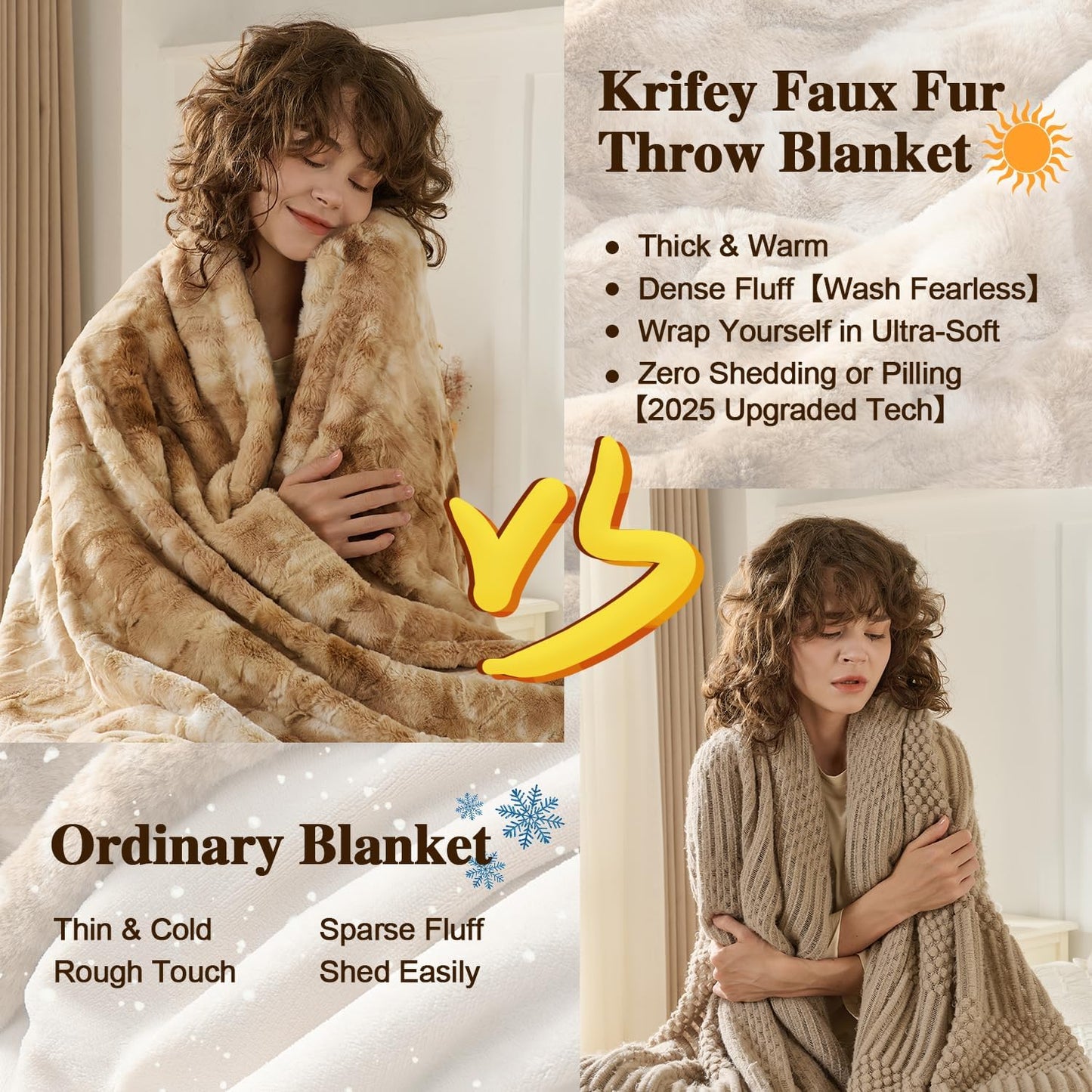 Krifey Faux Fur Throw Blanket, Super Soft Cozy Blanket, Luxury Fluffy Blanket Warm Bed Throw, Plush for Women, Marbled Beige 50" x 60"