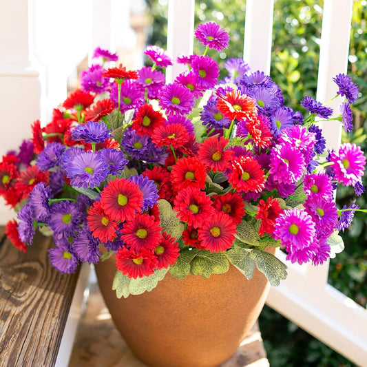 HyeFlora Dahlia Artificial Flowers for Outdoors Decoration, 6 Bundles Fake Mums Faux Flowers Plants Realistic UV Resistant Silk Flowers for Outside Planter Front Door Yard Garden Indoor Home, Mix