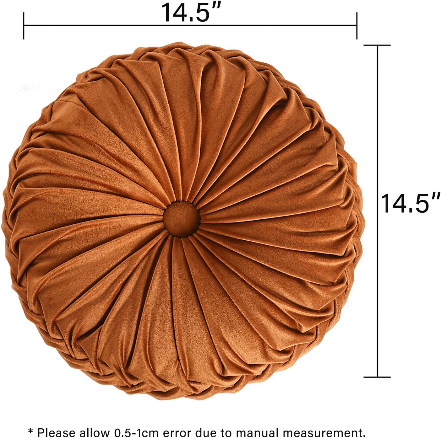 HIG Set of 2 Decorative Round Pleated Throw Pillows, Classy Accent Pumpkin Throw Pillows with Center Button, Vintage Velvet Floor Pillows for Sofa Vanity Chair Bed, Rust, 14.5" Diameter(Ripple)