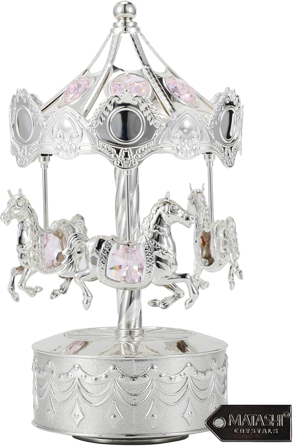 Matashi Tabletop Crystal Studded Music Box Carousel w/Horses Figurine – Silver Plated Decorative Showpiece – Unique Idea for Mothers Day, Valentines - Gift for Mom, Wife, Grandma – It’s A Small World