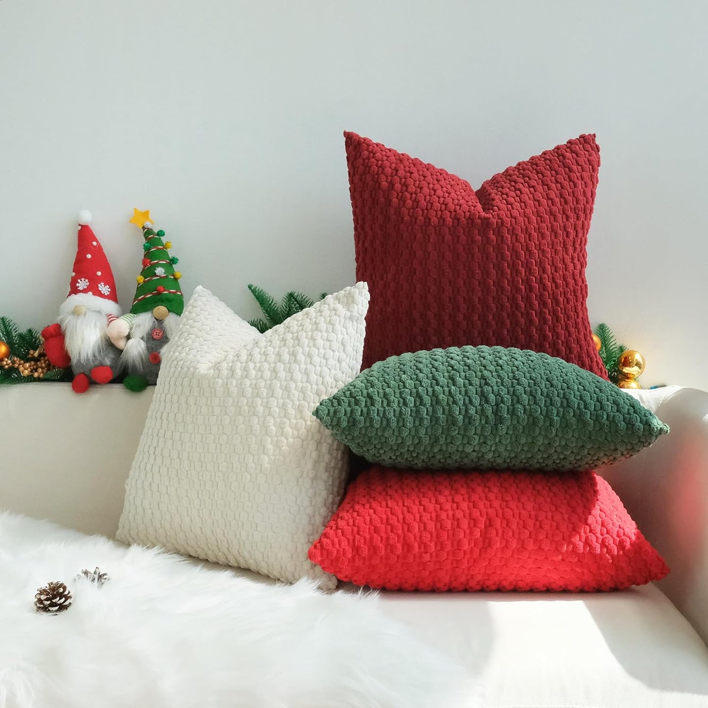 JOJUSIS Pack of 4 Christmas Decorative Throw Pillow Covers Farmhouse Boho Home Decor Striped Corduroy Square Pillowcases 18 x 18 Inch Christmas Red Green Burgundy Cream White