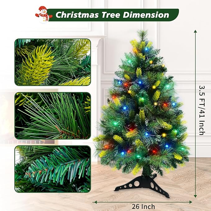 2 Pack 3.5 FT Artificial PE Fraser Fir Christmas Entrance Tree with 50 Multi Color Change Light 8 Mode Remote Control Realistic-Feel Xmas Tree Decor Battery Operated for Porch Front Door Home