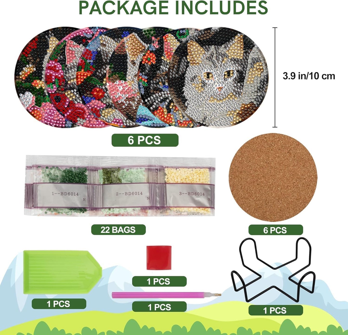 EWJRNSF 6 PCS Diamond Painting Art Coasters Set with Holder - Small Diamond Painting Coasters Kit for Beginners and Adults