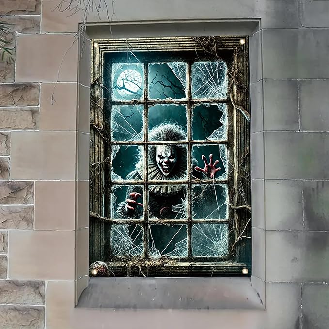 47x31 Inch Halloween Spooky Clown Window Cover Decoration Creepy Clown Horror Backdrop with Broken Glass Spooky Window Poster for Haunted House Outdoor Party Scary Theme Yard Decor