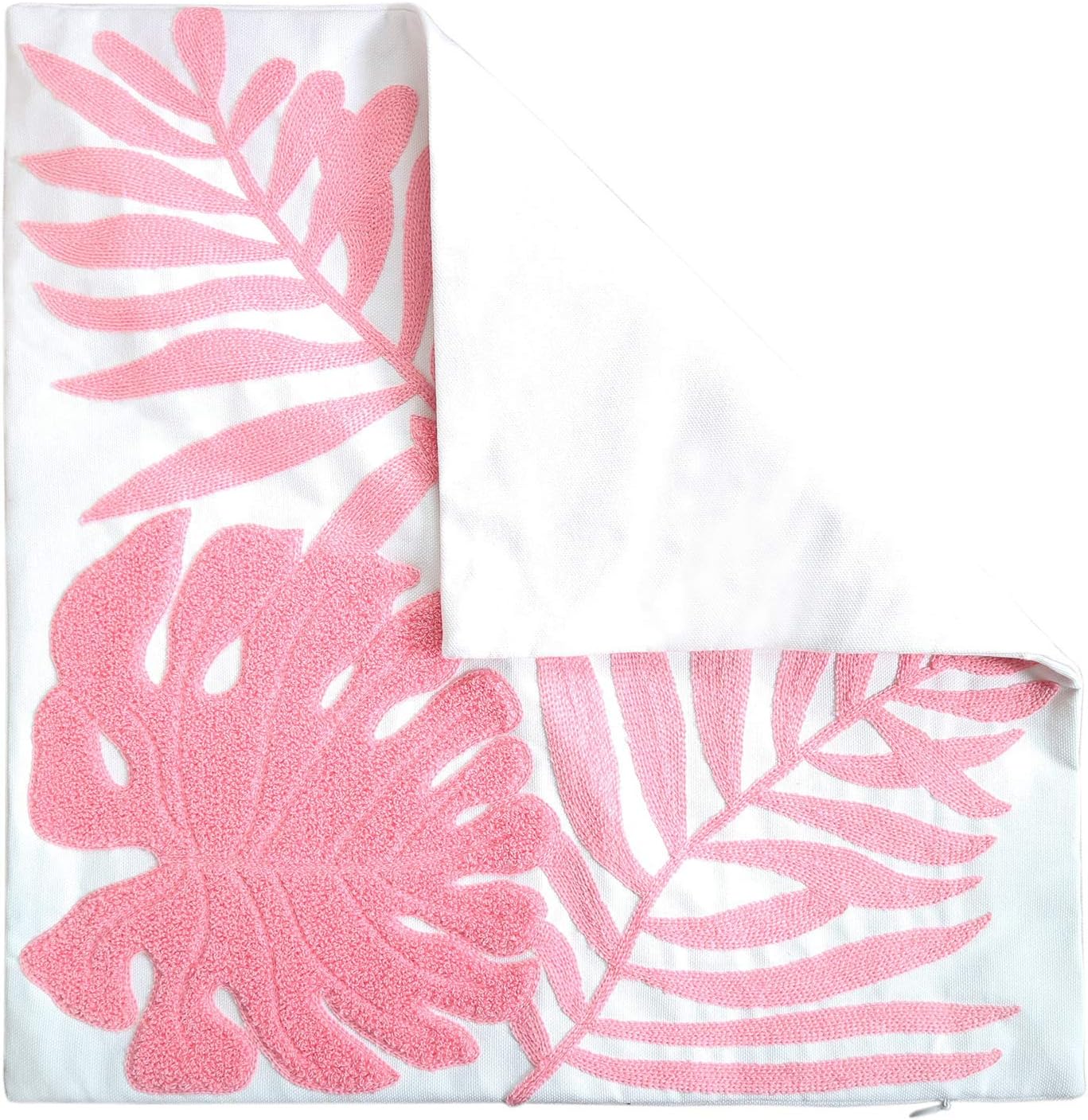 Embroidery Throw Pillow Cover 18x18 Home Decor Floor Pillow Cover for Couch Sofa Chair 100% Cotton Loop Embroidered Pink Tropical Leaves Cushion Cover Square Pillowcase 45x45cm, 1 Piece