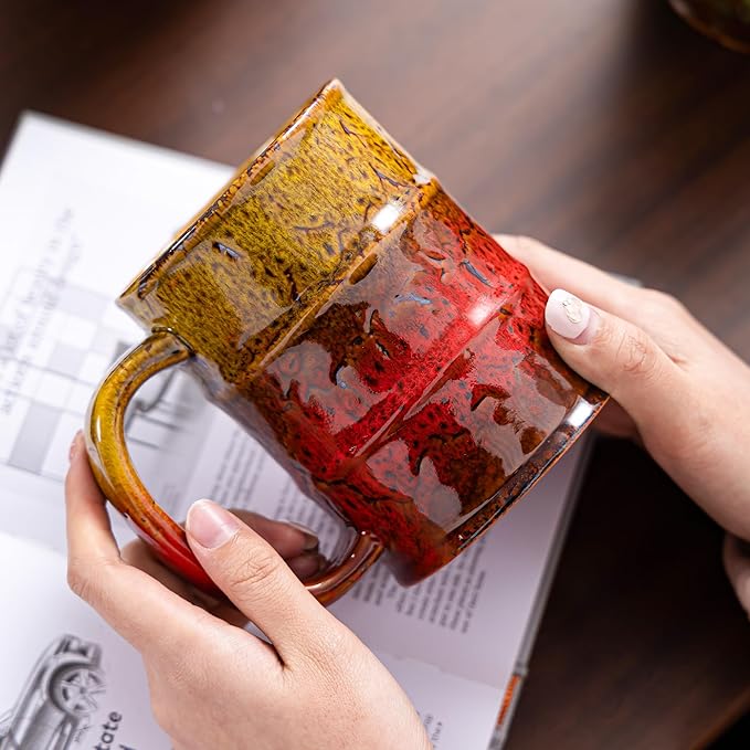 20 Oz Coffee Cups-Beer Mug, Large Ceramic Coffee Mugs, Handmade Pottery Mug, Tea Cups with Handle for Office and Home, Dishwasher and Microwave Safe (Yellow & Red)