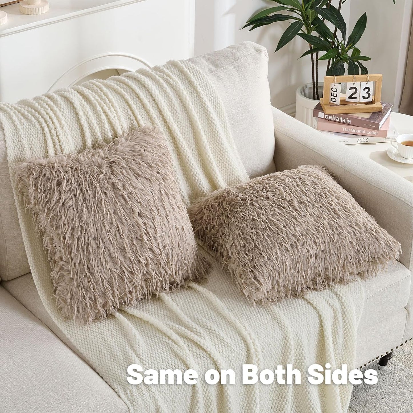 FUTEI Khaki Decorative Throw Pillow Covers 12x20 Inch Set of 2,Soft Fluffy Faux Feather Texture Lumbar Pillow Cases,Modern Home Luxury Decor for Couch Bed Living Room