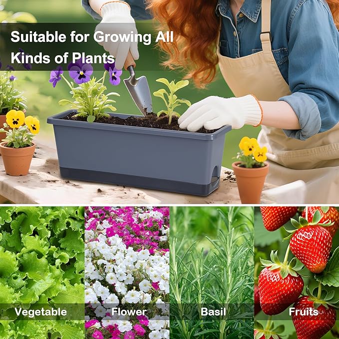 Window Box Planter 4 Packs, 17 Inches Rectangle Flower Pots with Drainage Holes & Trays, Pots for Vegetables, Herbs, Flowers, Garden Windowsill Balcony (Grey, 17 * 5.1 * 6 inch)