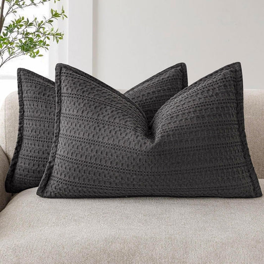 Foindtower Set of 2 Decorative Cotton Waffle Weave Lumbar Throw Pillow Covers Euro Sham Cushion Covers Accent European Pillowcase For Bed Couch Sofa Bedroom Living Room Home Decor 12×20 Inch Dark Grey
