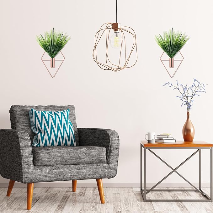 2 Pieces Wall Decor Hanging Planters with Artificial Plants Metal Hanging Vase Indoor Plants Holder Modern Boho Wall Art for Bathroom Bedroom Living Room Decor (Rose Gold,Aquatic Plant)