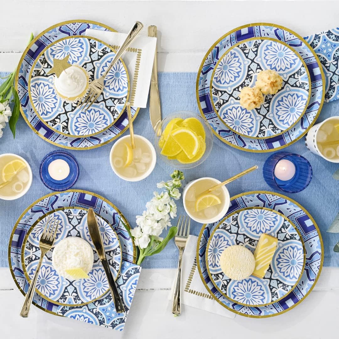 Coterie Blue and Gold Plates (Set of 10 Small) Moroccan, Navy, Nice for Wedding, Bridal Shower, Dinner Party | 7.25" Fancy Paper Plates