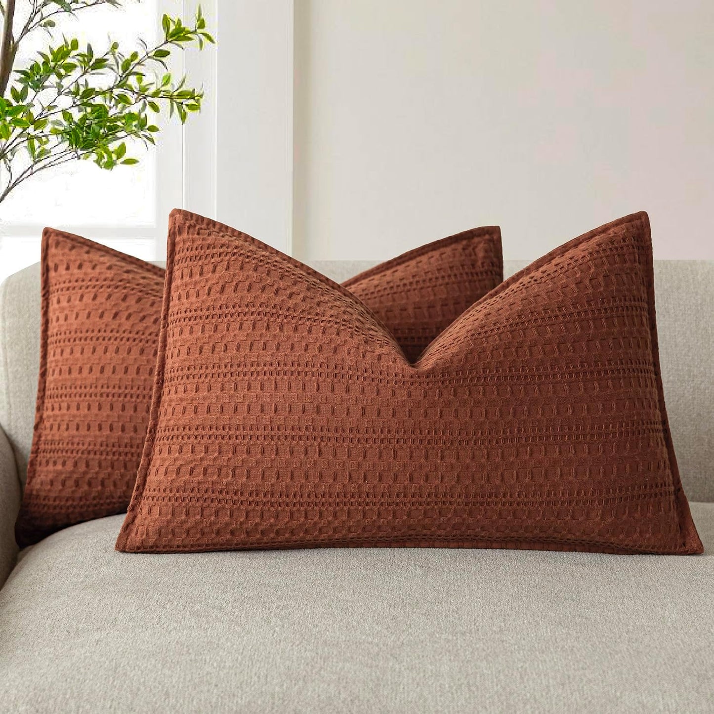 Foindtower Set of 2 Decorative Cotton Waffle Weave Lumbar Throw Pillow Covers Euro Shams Cushion Covers Accent Pillowcase for Bed Couch Sofa Bedroom Living Room Home Decor 12×20 Inch Fall Rust Orange
