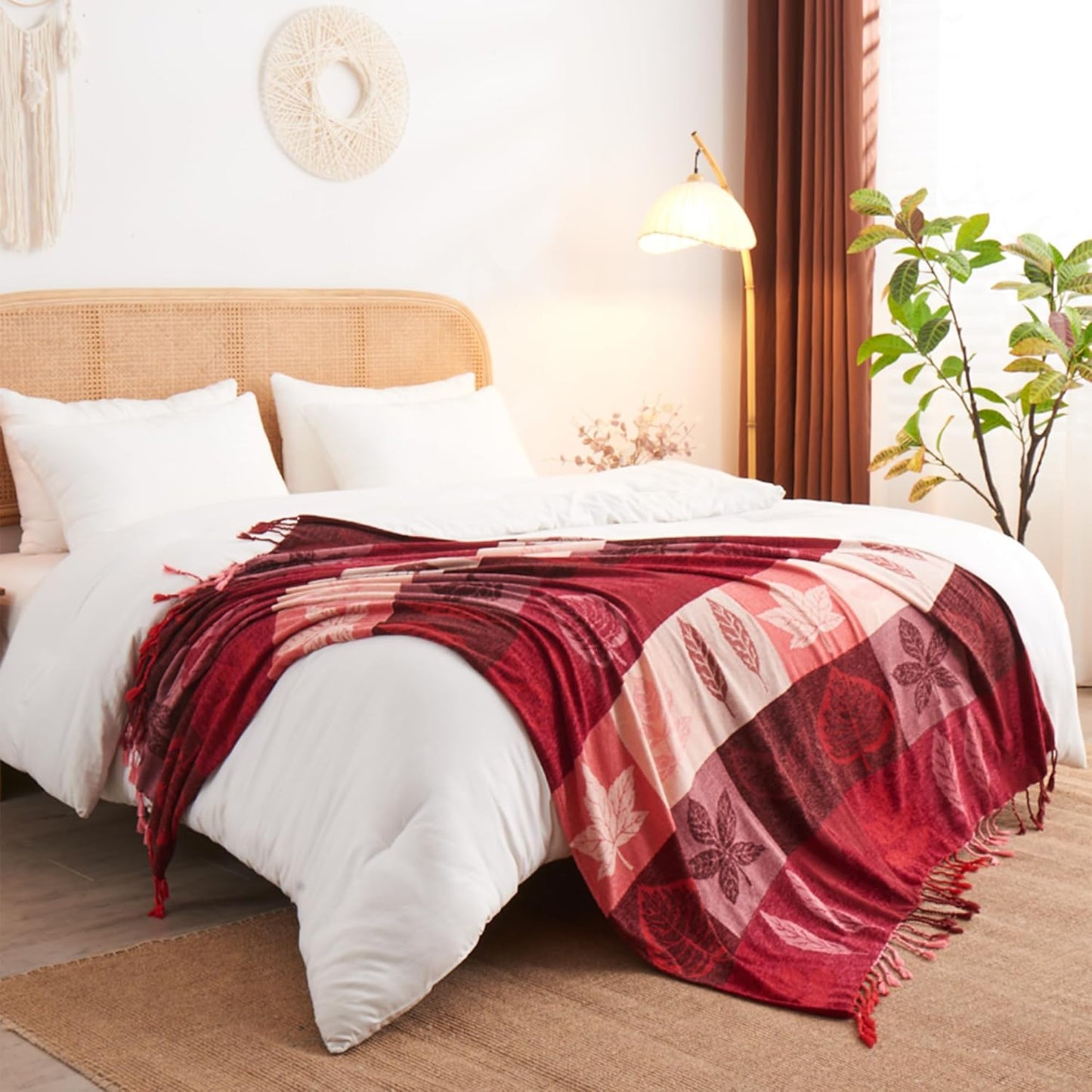 Bohemian Chenille Jacquard Tassel Throws - Reversible Red&Pink Maple Leaf Design for Boho Hippie Vibes - Oversized Blankets for Large Couch, Furniture, Sofa, Chair…