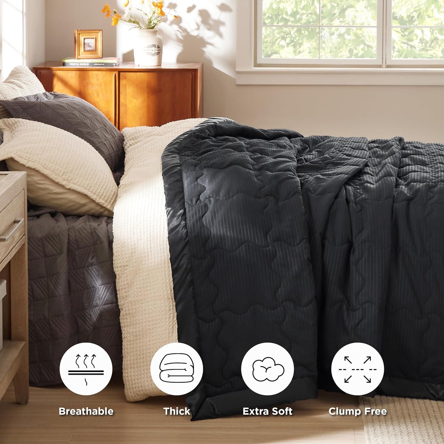 Bedsure Lightweight Blanket for Summer Queen Size - Down Alternative Blanket with Satin Trim for Bed, Light Summer Throw Black, 90x90 Inches