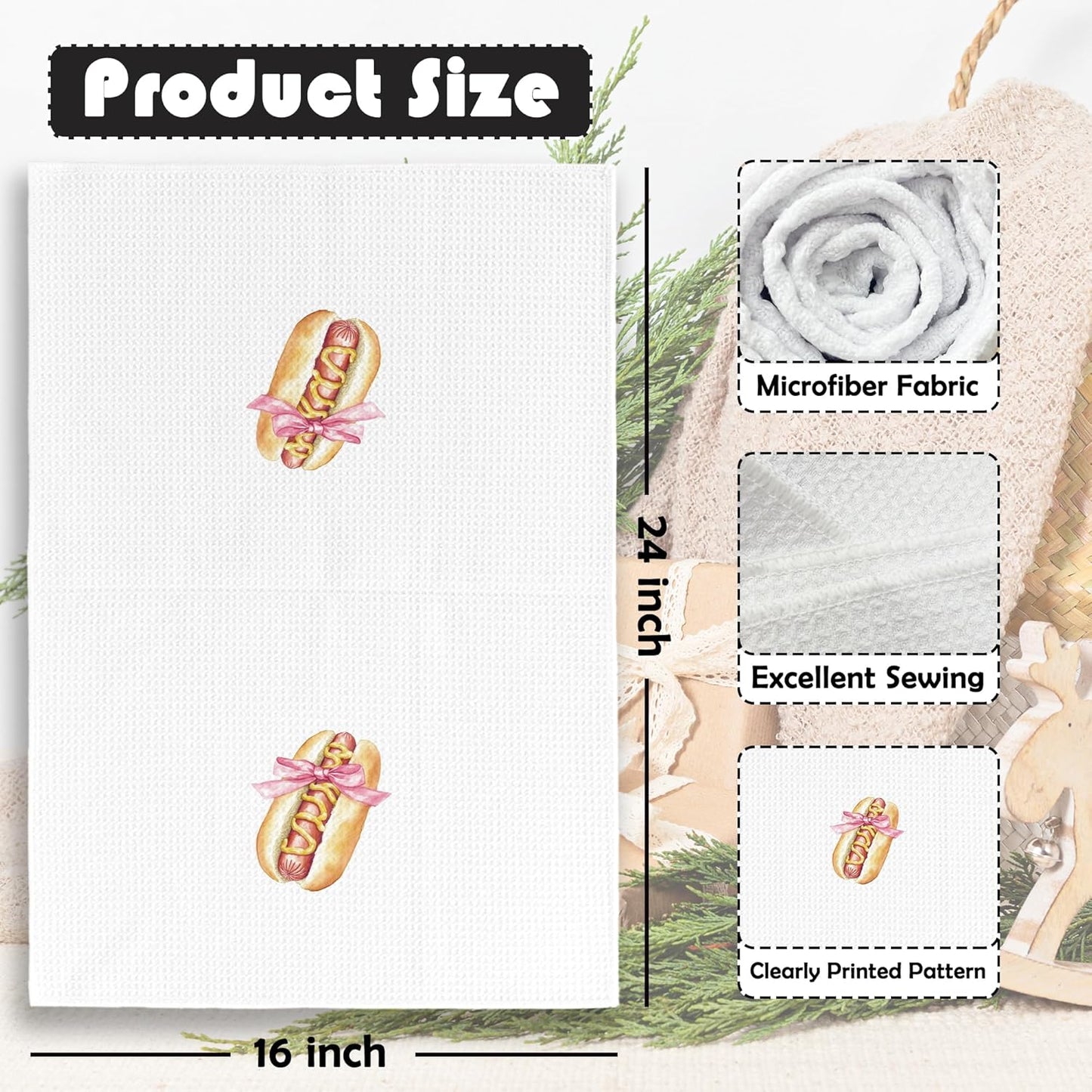 Coquette Bow Hot Dog Kitchen Towels - Pink Preppy Inappropriate Dish Towels Gifts for Girl, Girly Trendy Decorative Absorbent Dishcloths Hand Towel for Kitchen Dorm Decor 16x24 Inches