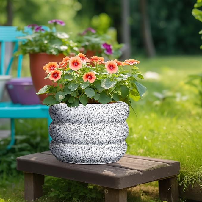 SQOWL Ceramic Planter - 10 Inch Ceramic Plant Pot Indoor, Round Planter with Drainage Hole, Modern Flower Pots Outdoor, Home Living Room Garden Decor, Gardening Gifts, Black and White
