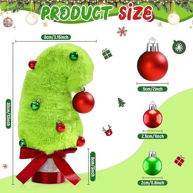 1FT Mini Tabletop Christmas Tree, Small Whimsical Lime Green Christmas Tree with Red Ball Top & 11Pcs Small Red Green Balls, Plush Fur Surface Xmas Decor for Table Home Office Holiday Party