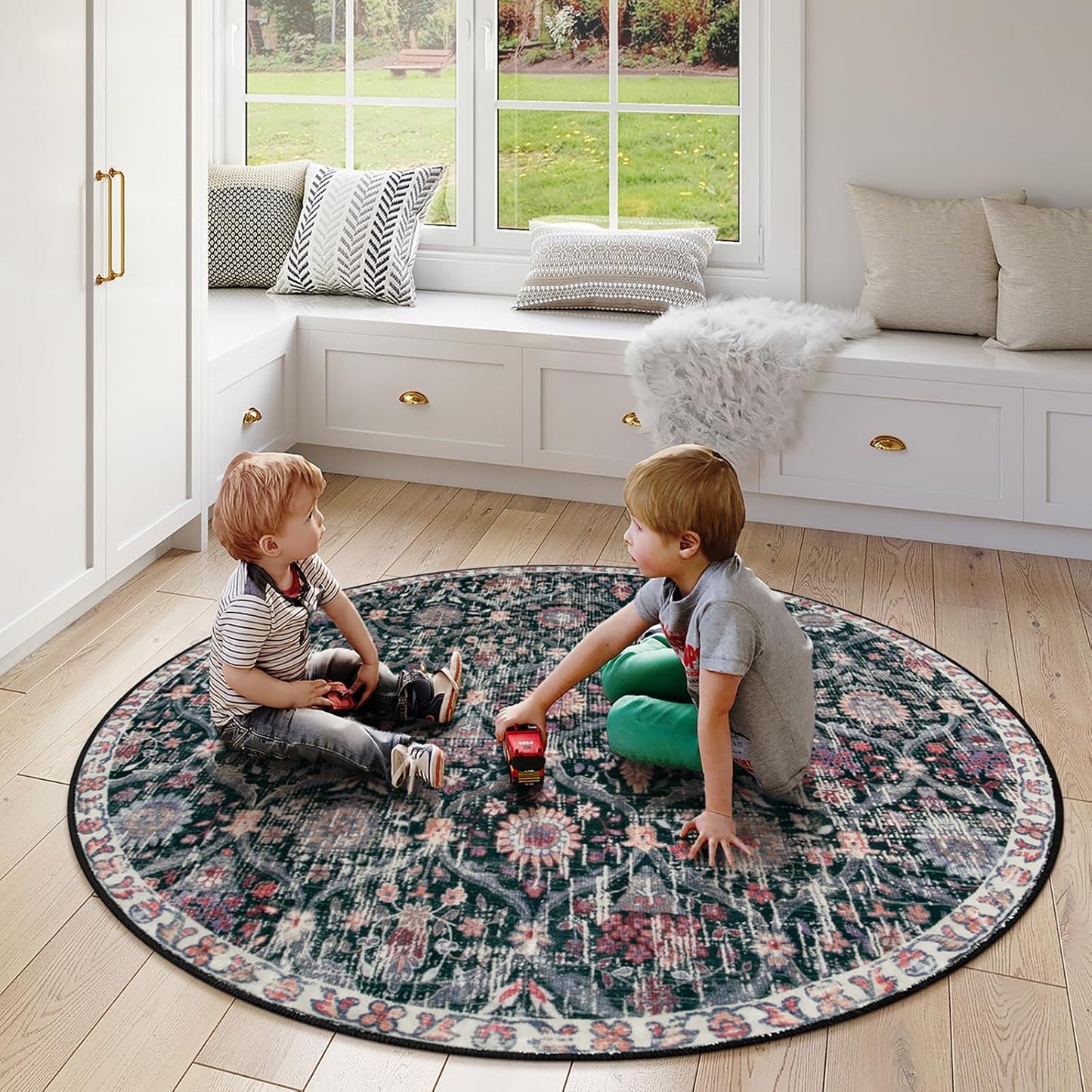 Lahome Moroccan Trellis Washable Round Rugs, Non-Slip Soft Round Rug 4ft Ultra-Thin, Small Vintage Circle Carpet for Entryway Kitchen Bedroom Nursery Bathroom, Black/Multi