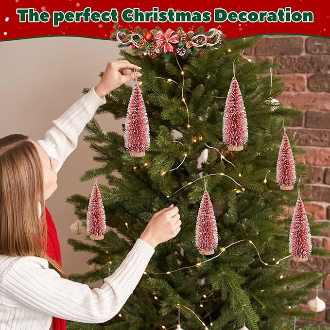 12 Pcs Mini Christmas Tree, Tabletop Christmas Tree with Wooden Bases Artificial Mini Tree with 3 Sizes Christmas Table Decor Bottle Brush Trees for Christmas Decorations (Red)