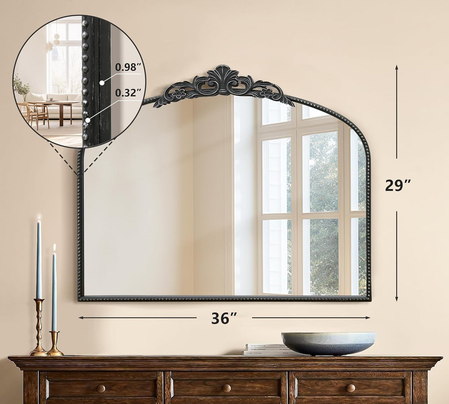 Micasso Vintage Wall Black Mirror: 29"x 36" French Baroque Antique Mirror - Traditional Ornate Decorative Arched Mirrors for Wall/Bathroom/Entryway/Fireplace/Hallway - Home Decor for Living Room