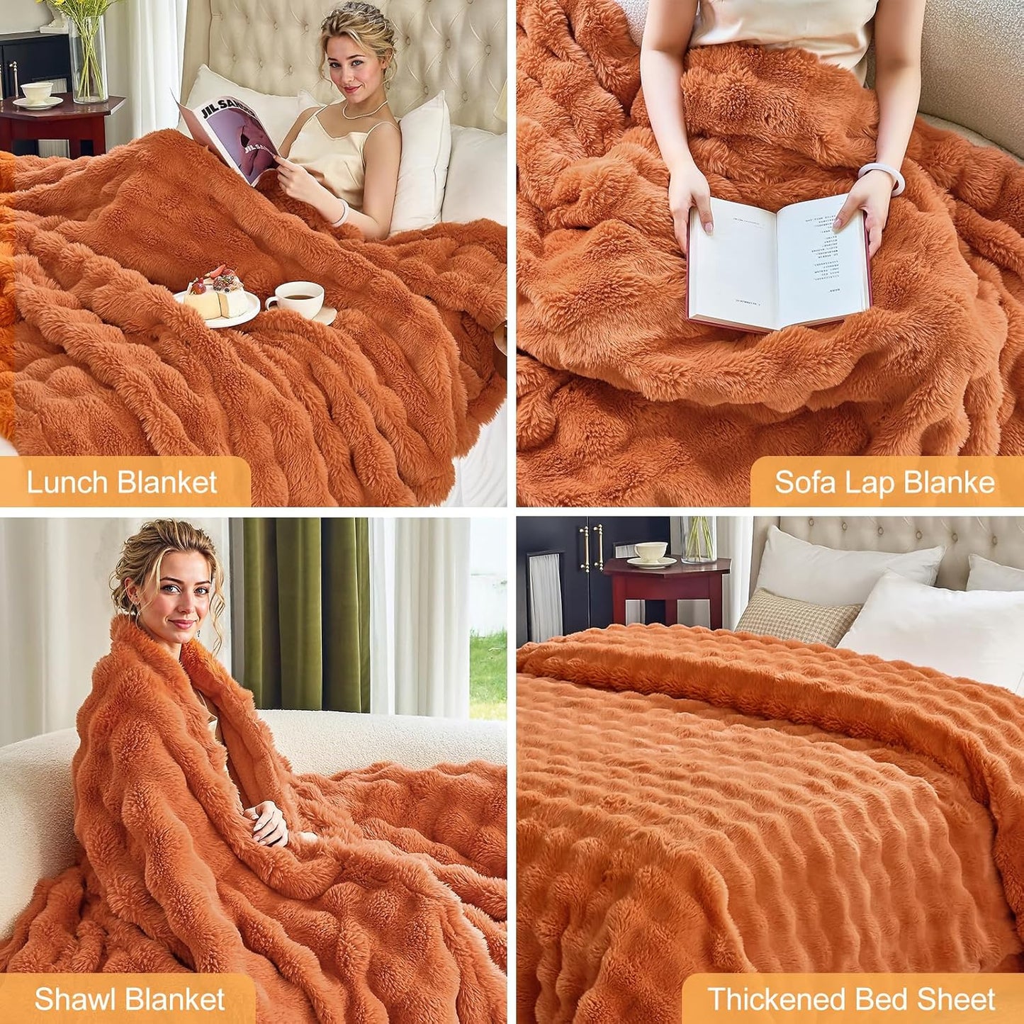 Faux Fur Caramel Orange Throw Blanket for Couch - Super Soft Heavy Flufyy Thick Bubble Throw Blankets for Bed Bedroom Living Room Farmhouse Sofa Chair Fall Winter Warm, 50x60 Inch