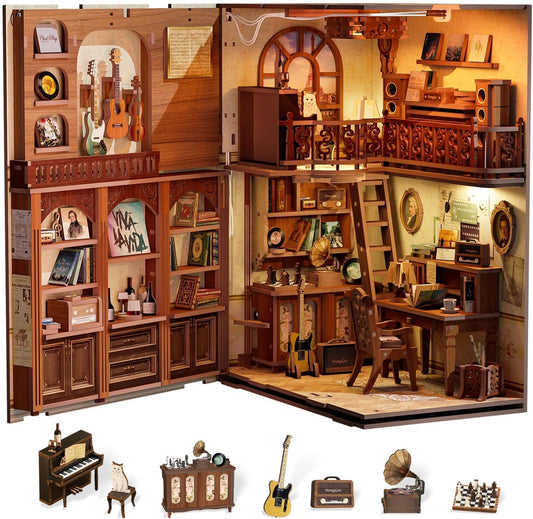 Cutefun Book Nook Kit,3D Wooden Puzzle Bookends,Miniature house kit with dust cover,Bookends Kit with LED Lights,DIY Dollhouse Bookend Tiny House for Adults,Birthday Easter Home Decor for Teens Adults