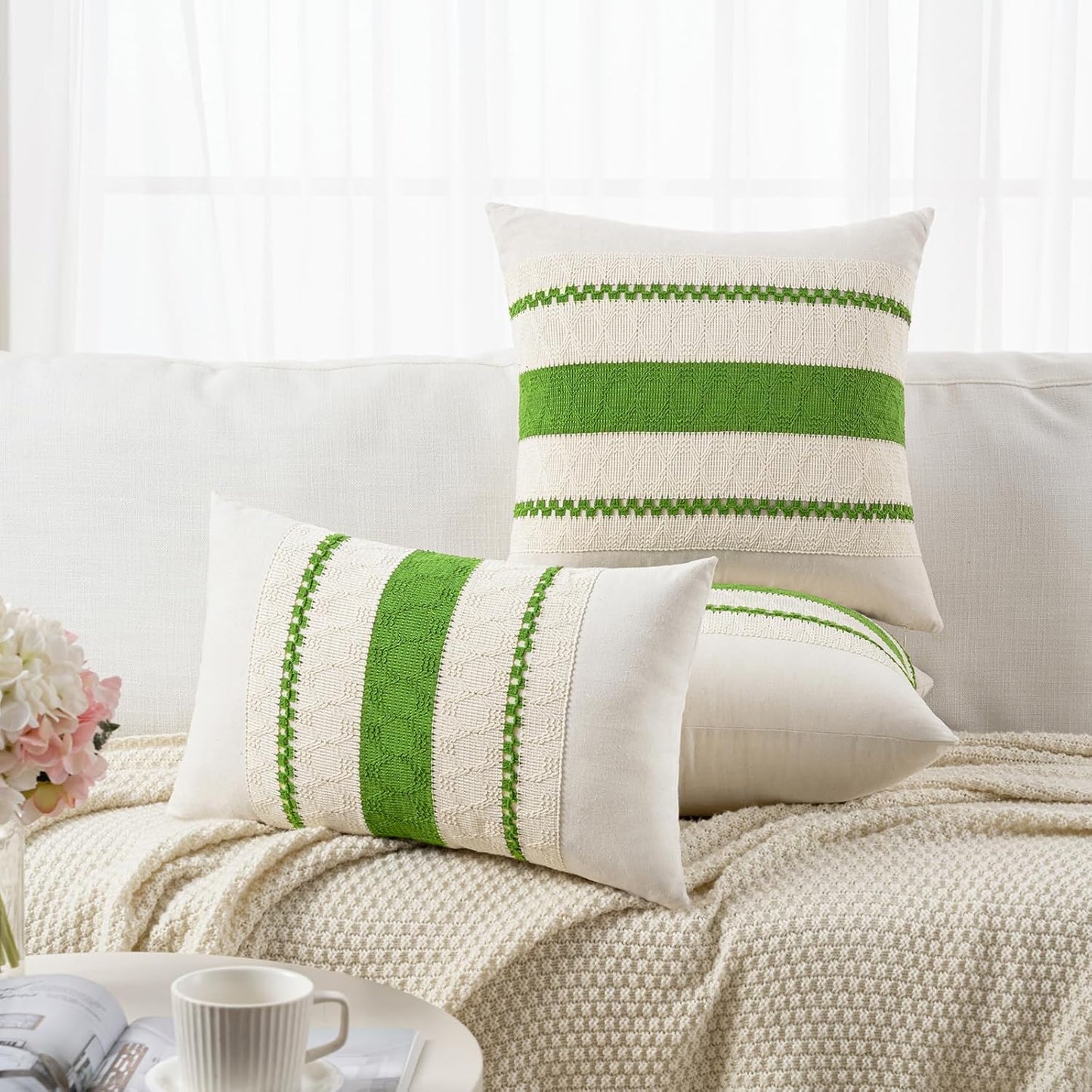 Fancy Homi Set of 1 Boho Lime Green Lumbar Decorative Throw Pillow Cover 12x20 Inch for Couch Bed Sofa Chair, Modern Organic Farmhouse Home Decor, Soft Cotton Cute Accent Rectangle Cushion Case