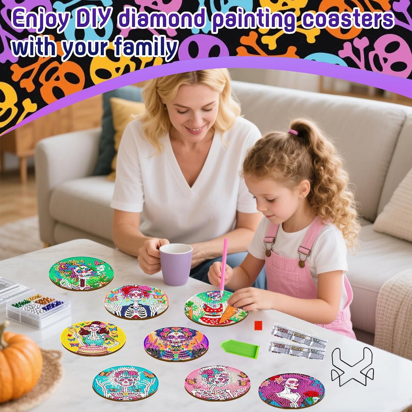 DOZEEZOP 8 PCS Skull Diamond Art Coasters Kit, Abstract 5D Diamond Painting Coasters with Holder, Fall Small Diamond Art Kits for Adults Beginners, Diamond Dots Arts and Crafts Supplies