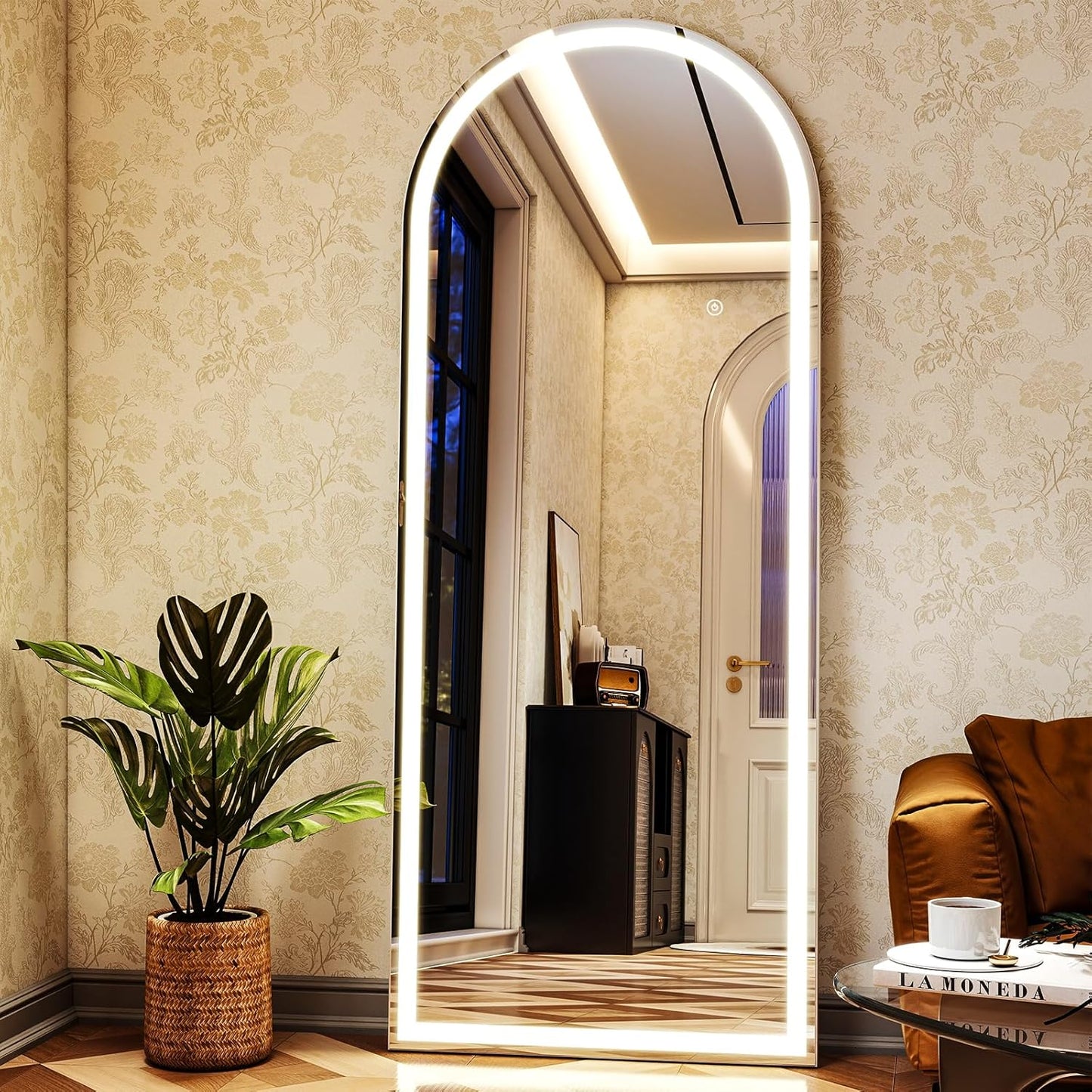 LED White Arched Full Length Mirror - 24“ x 65” Adjustable Brightness, Touch Screen Controls, Wall Mounted or Freestanding for Bedroom, Living Room, Cloakroom Dressing Mirror