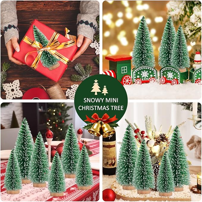 12 Pcs Mini Christmas Tree, Tabletop Christmas Tree with Wooden Bases Artificial Mini Trees with 3 Sizes Christmas Table Decor Bottle Brush Trees for Christmas Decorations (Green Snow)