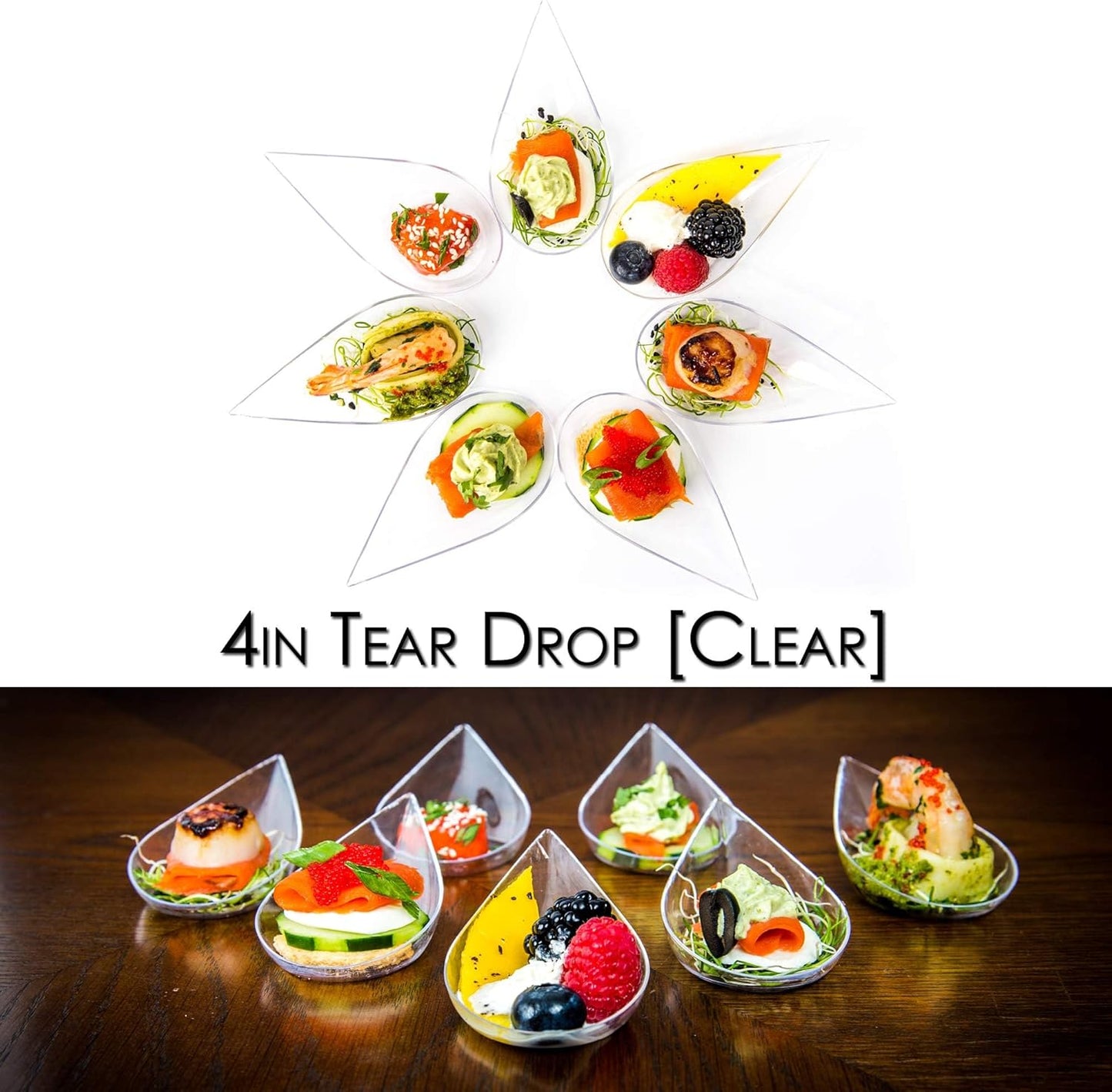 DLux 100 4-in Tear Drop Mini Appetizer Plates, Reusable Clear Plastic Spoons - Desserts and Appetizers Dishes Serving Plate - Asian Spoon Set, Small Catering Dessert Tasting Cups - with Recipe Ebook