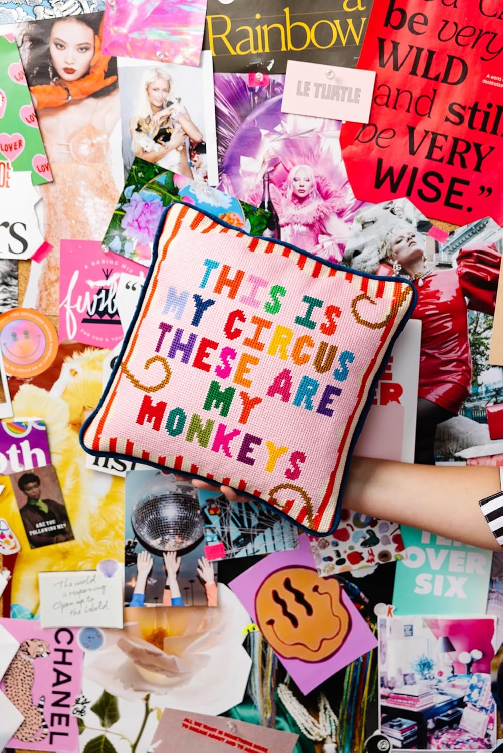 FURBISH Handmade Needlepoint Decorative Throw Pillow - My Circus - 11"x11" - Small Embroidered Designer Pillow for Living Room, Couch, Sofa, Chair & Bed - Eclectic Home Decor