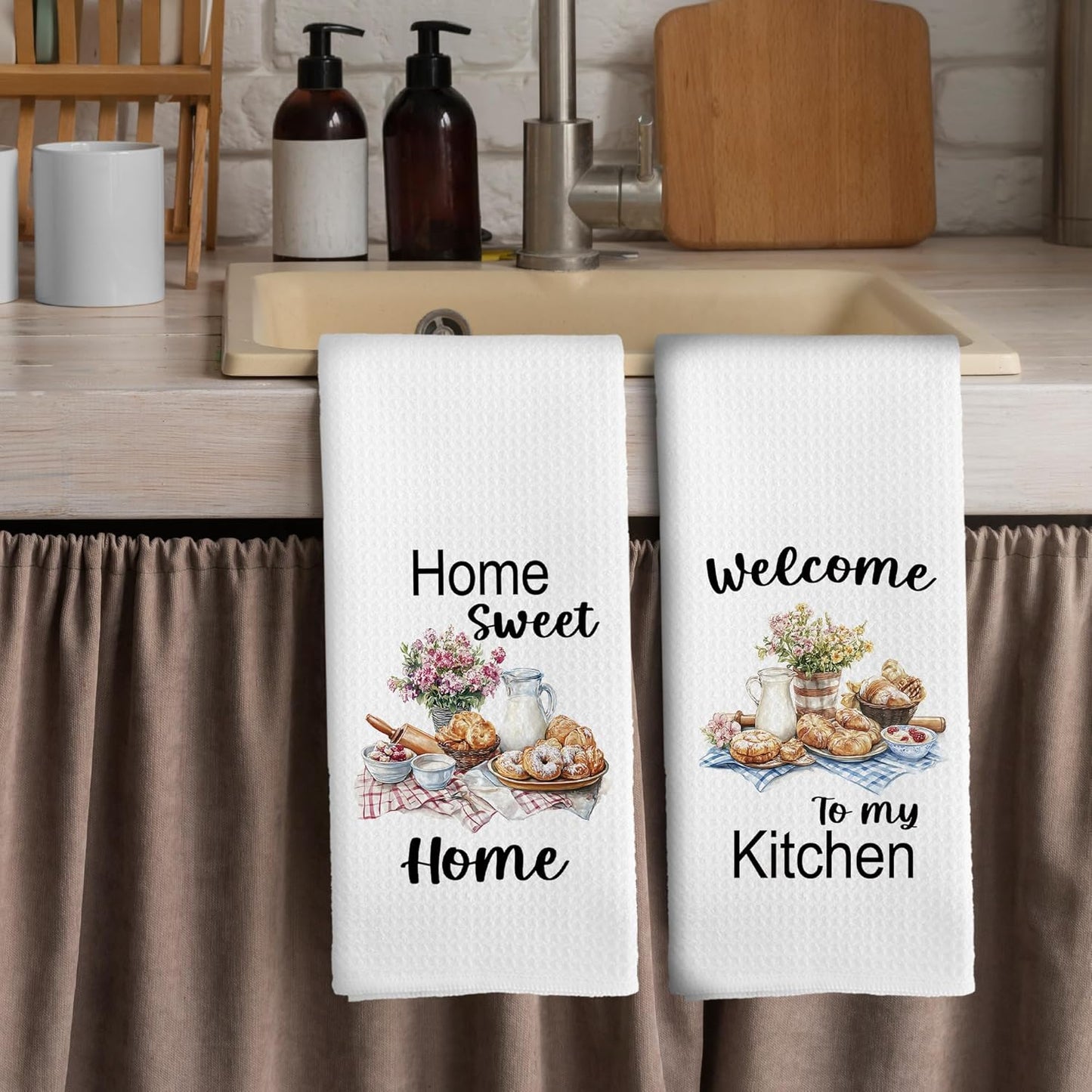 Home Sweet Home Kitchen Towels - Bread Floral Dish Towels, Gifts for Chef, Farmhouse Plaid Decorative Absorbent Dishcloths Hand Towels Set of 2 for Kitchen Cooking Baking Decor 16x24 Inches