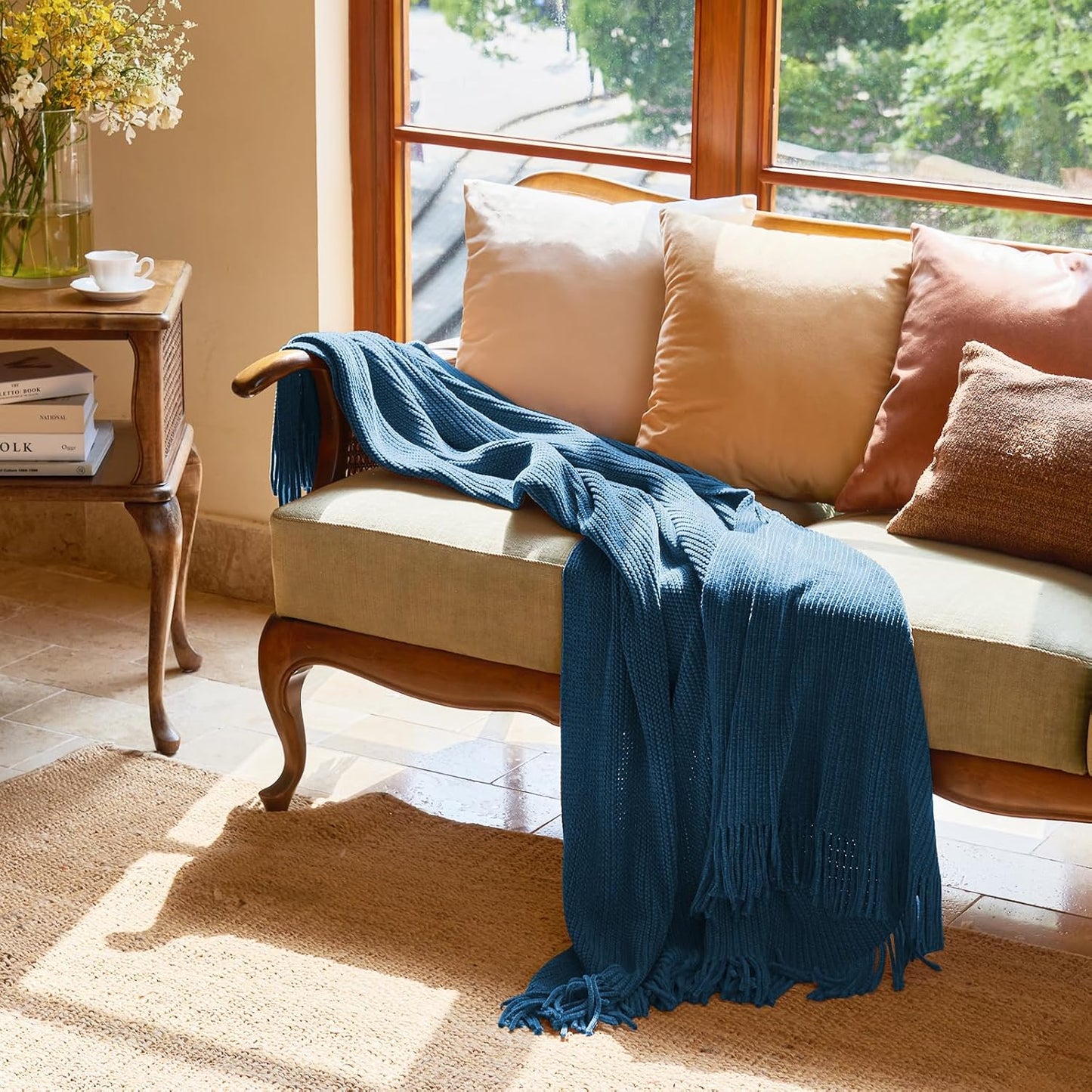 lifein Throw Blanket for Couch, Soft Boho Decor Bed Throw,Cozy Washed Blue Knitted Chenille Small Farmhouse Lightweight Throw (Washed Blue,50 * 60")