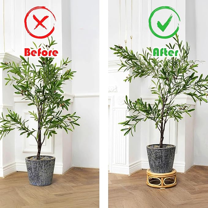 Set of 2 Boho Rattan Woven Round Decorative Risers Plant Stands Indoor, Mid Century Minimalist Modern Plant Stand, Wicker Short Plant Stand Holder Suitable Fits 8'' and 12'' Pots