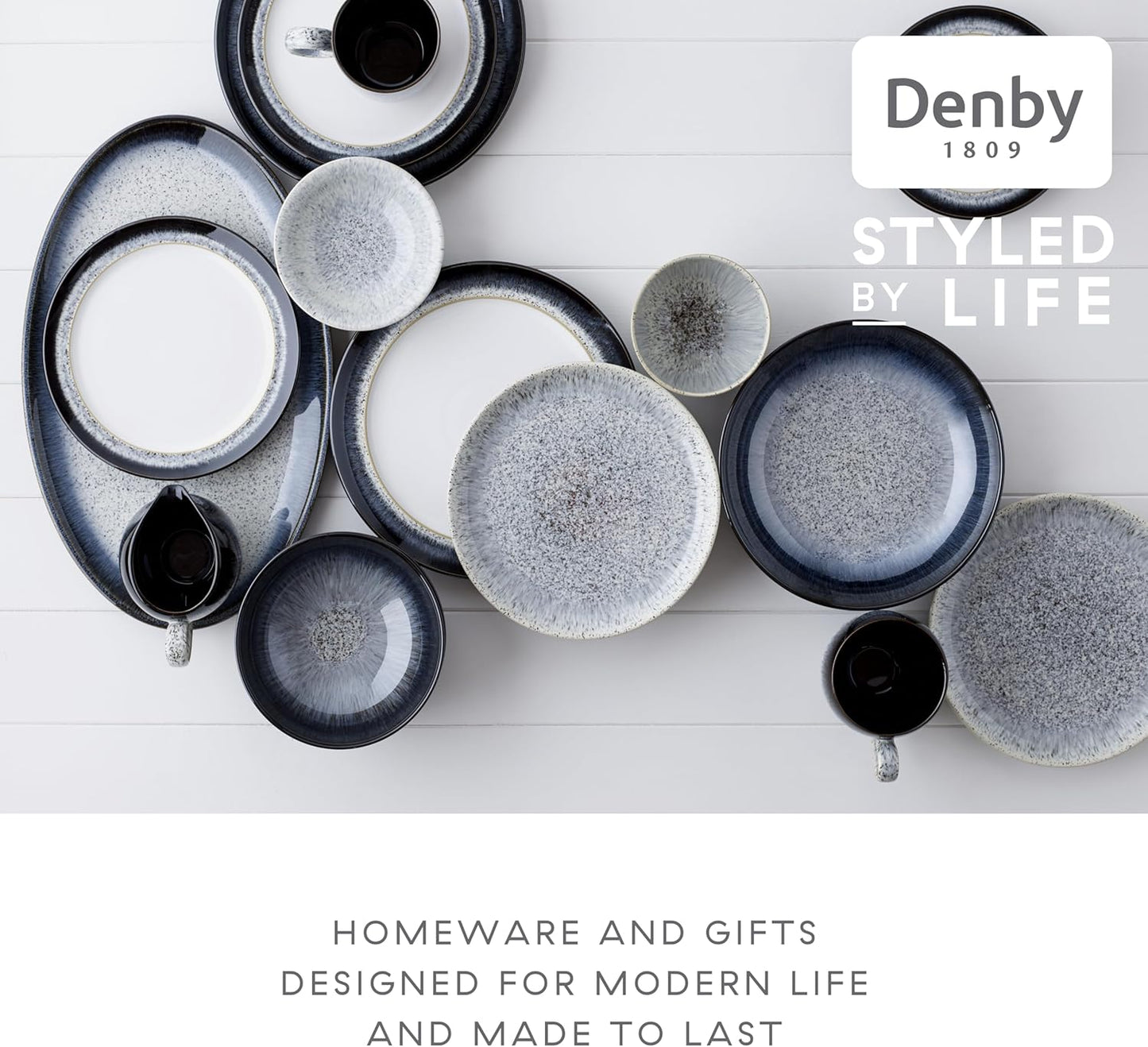Denby - Halo Coupe Salad Plates Set of 6-8.25 Inch Reactive Glaze, Dishwasher Microwave Oven Safe - Scratch Chip Resistant Lunch, Appetizer, Dessert Plates - Grey, Black Stoneware Dinnerware Set