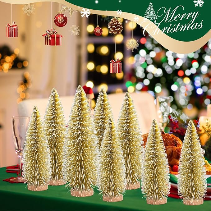 12 Pcs Mini Christmas Tree, Tabletop Christmas Tree with Wooden Bases Artificial Mini Tree with 3 Sizes Christmas Table Decor Bottle Brush Trees for Christmas Decorations (Yellow)