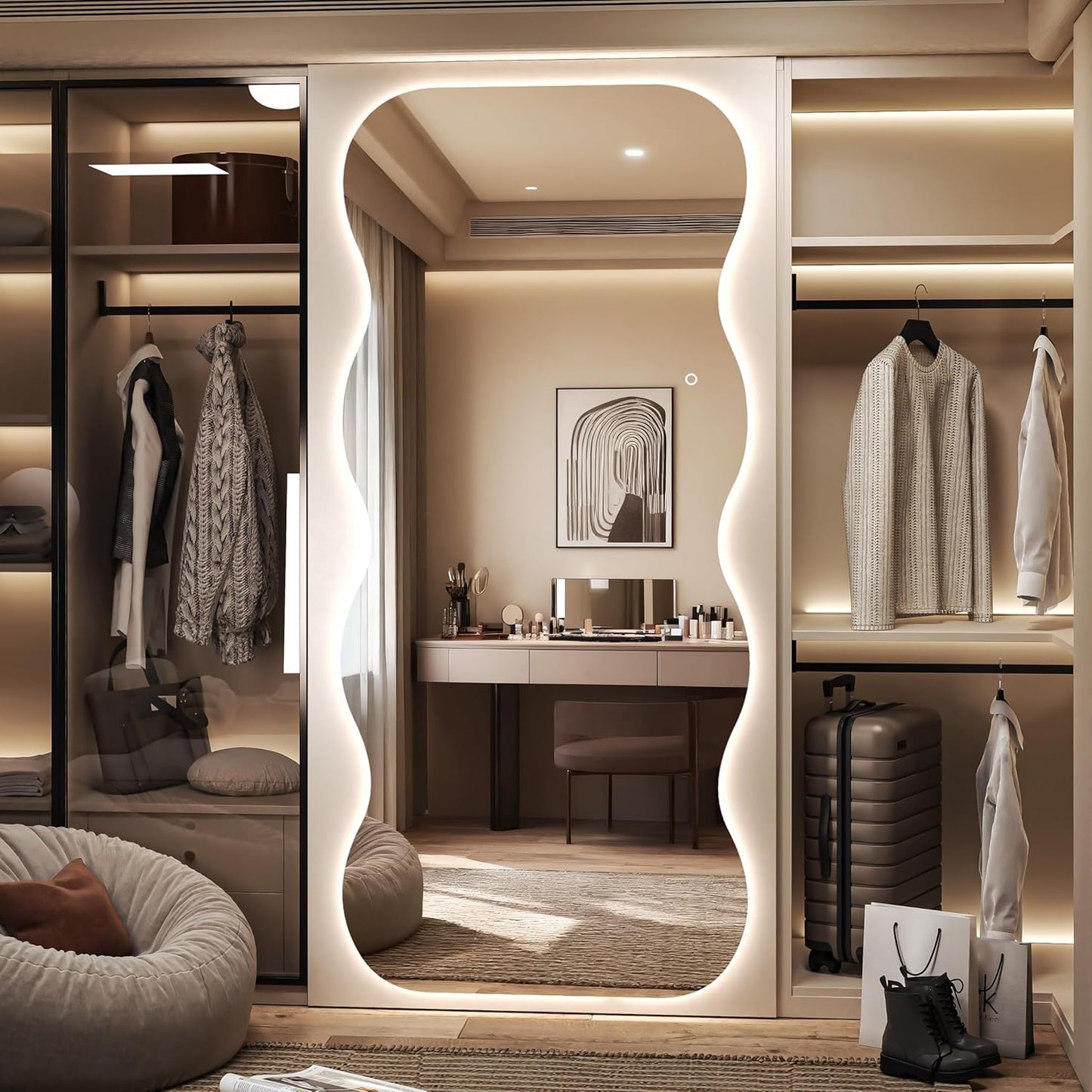 Hasipu Wavy Full Length Mirror with Lights - 79"×35" LED Wavy Floor Mirror, Frameless, Dimmable, Standing or Vertical/Horizontal Wall-Mounted Mirror for Bedroom, Living Room, Cloakroom