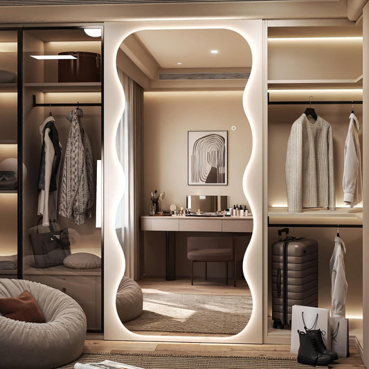 Hasipu Wavy Full Length Mirror with Lights - 79"×35" LED Wavy Floor Mirror, Frameless, Dimmable, Standing or Vertical/Horizontal Wall-Mounted Mirror for Bedroom, Living Room, Cloakroom