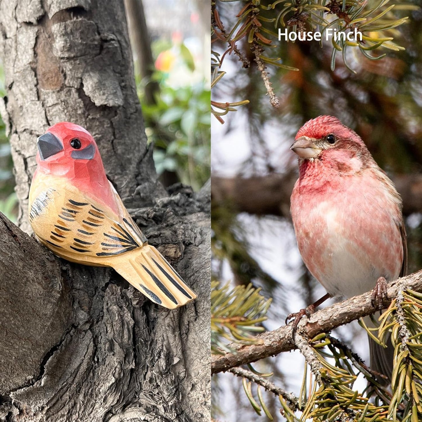 Hand Carved Bird Figurines, Hand-Painted Sculpted Wooden Birds, Wood Bird Sculptures for Home Decoration, Hand Crafted Life Like Bird Statues, Ideal Gifts for Bird Lovers (House Finch)