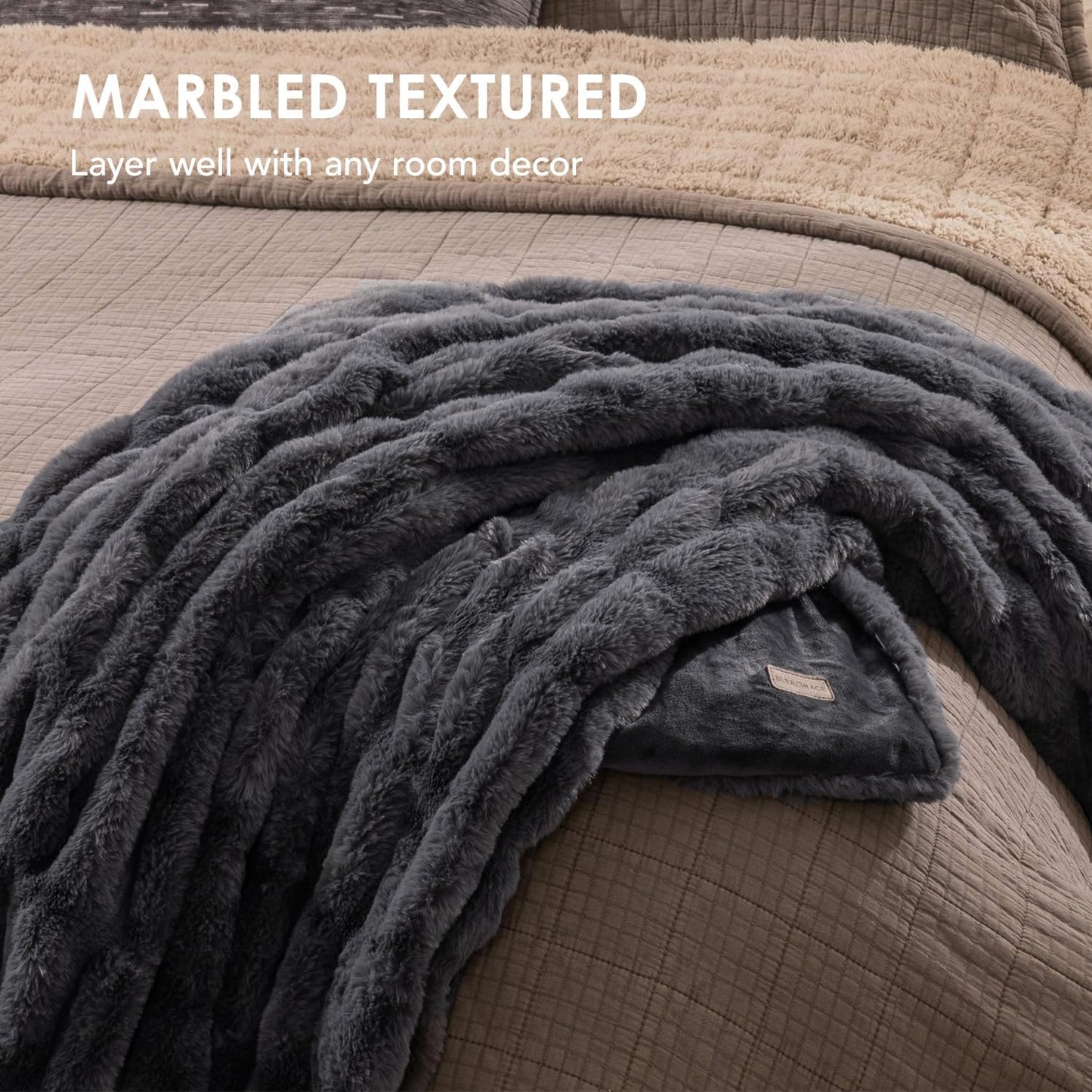 EVERGRACE Luxurious Soft Faux Rabbit Fur Throw Blanket, Cozy Fuzzy Plush Warm Throws for Couch Bed Sofa Chair Decor, Ruched Bubble Fluffy Blanket with Reversible Velvet, 60" x 80", Charcoal Gray