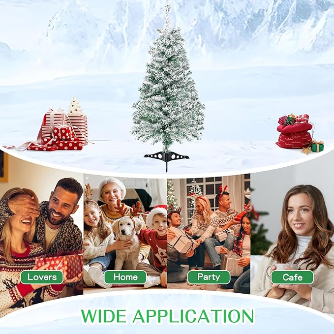 3FT Artificial Christmas Tree Green Tabletop Christmas Tree with Snow Flocked Mini Xmas Pine Tree with Plastic Stand for Indoor Outdoor Holiday Home Decoration