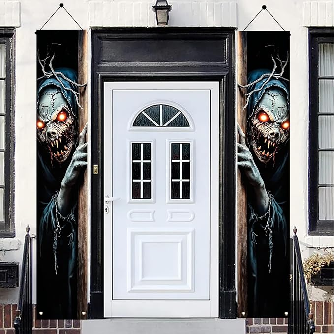 2PCS Halloween Porch Banner Scary Skeleton Demon Vertical Hanging Decorations for Front Door Outdoor Horror Welcome Door Sign Spooky Party Decor Haunted House Entrance Backdrop 71 x 12 Inch