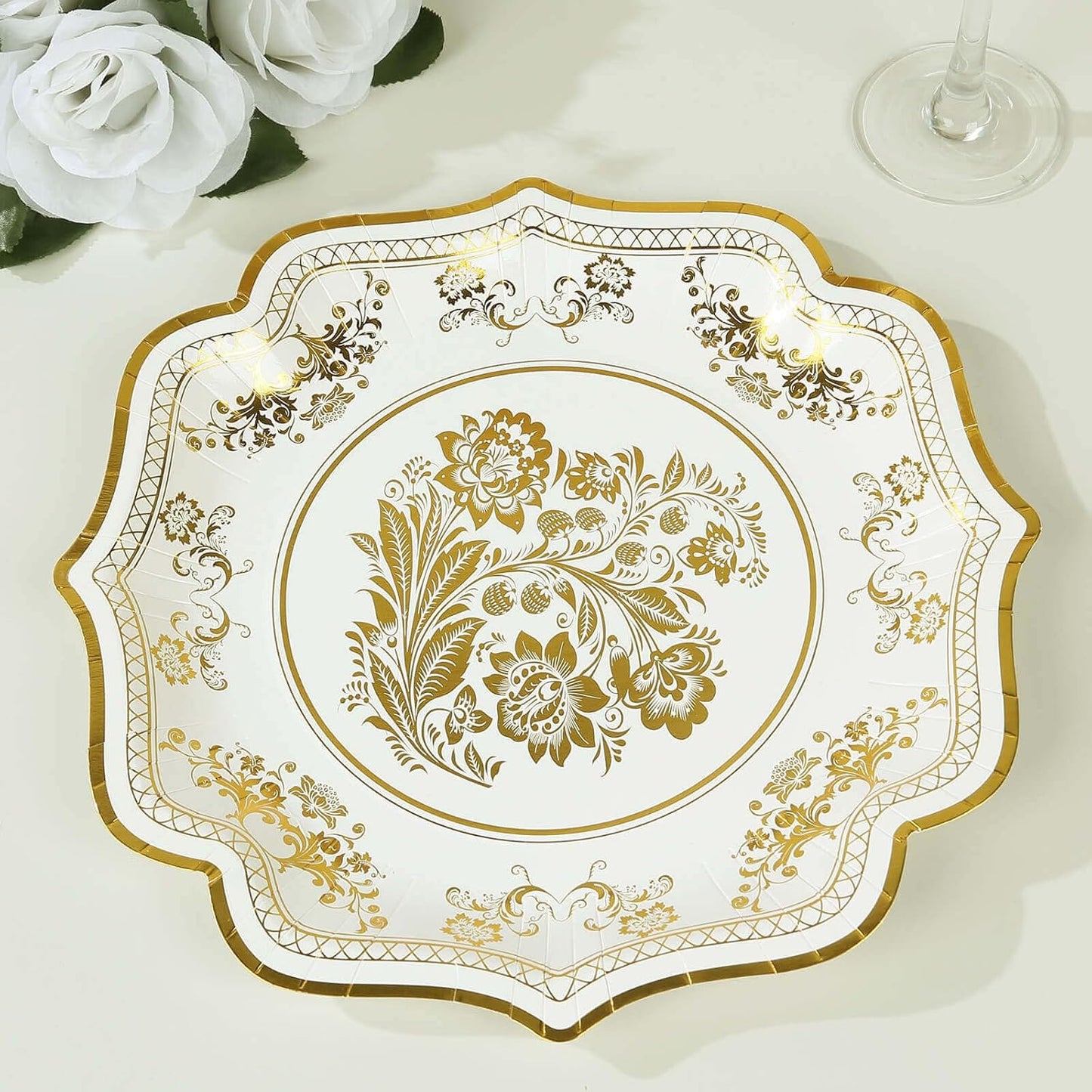 Efavormart 25 Pack White Gold Paper Dinner Plates in French Toile Floral Pattern, 10" Disposable Party Plates with Scalloped Rims - 300 GSM